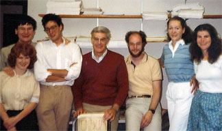 Elder’s Cornell send-off for the Odum Chair at Carolina in 1984 by grad students – (left to right), Gerry Downey, Niall Bolger, Av Caspi, Elder – (on the far right), Jonathan Kotloff, Jody Colerick and Susan Rose.